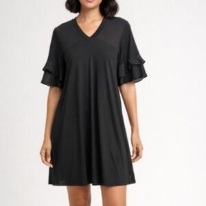 Cover-Up Sport Chic T-shirt Dress Semi Sheer Ruffle Short Sleeves V Neck Coastal